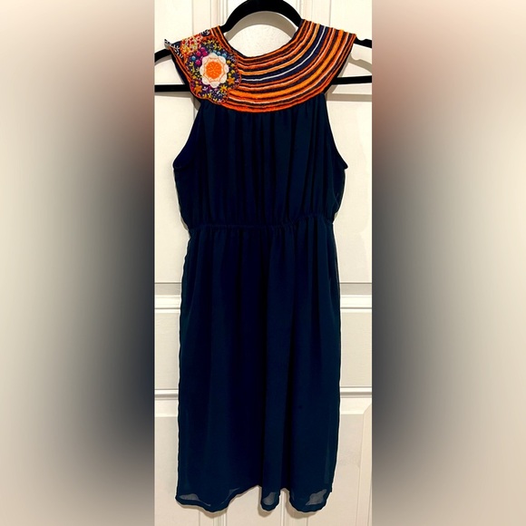 Judith March Dresses & Skirts - Judith March Anthropologie Navy Dress w/ Patchwork & Yarn Collar Sz Small